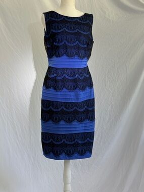 Sleeveless Midi Dress with Black Lace Overlay on Blue